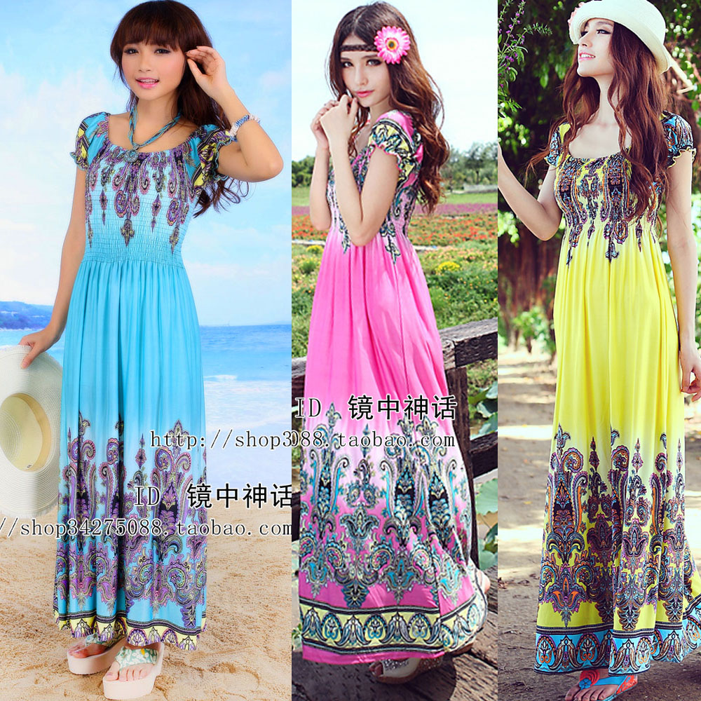 FREE SHIPPING  full dress bohemia o-neck one-piece dress beach dress full dress viscose milk, silk