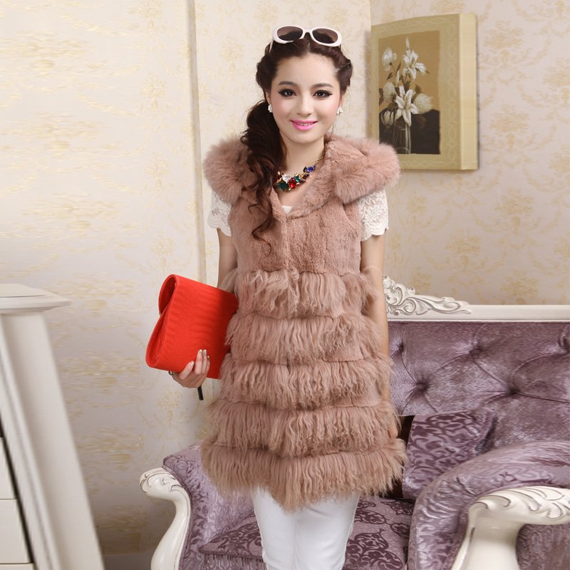 free shipping, Full leather rabbit fur coat 2012 tanhuang wool with a hood vest medium-long sleeveless