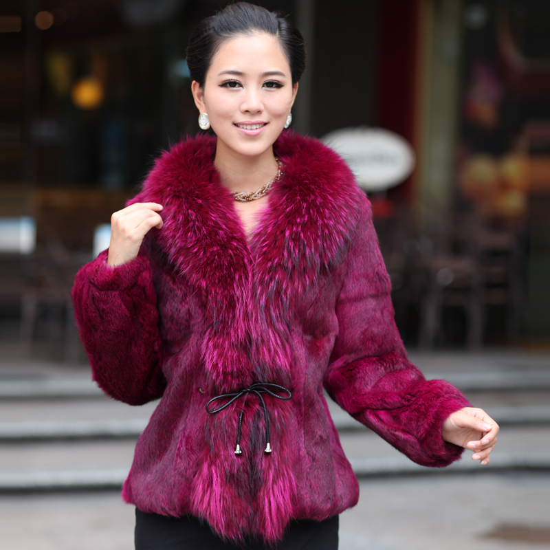 Free Shipping! Full leather rabbit fur Women_Fur_Coat raccoon fur regular style women's fur coat