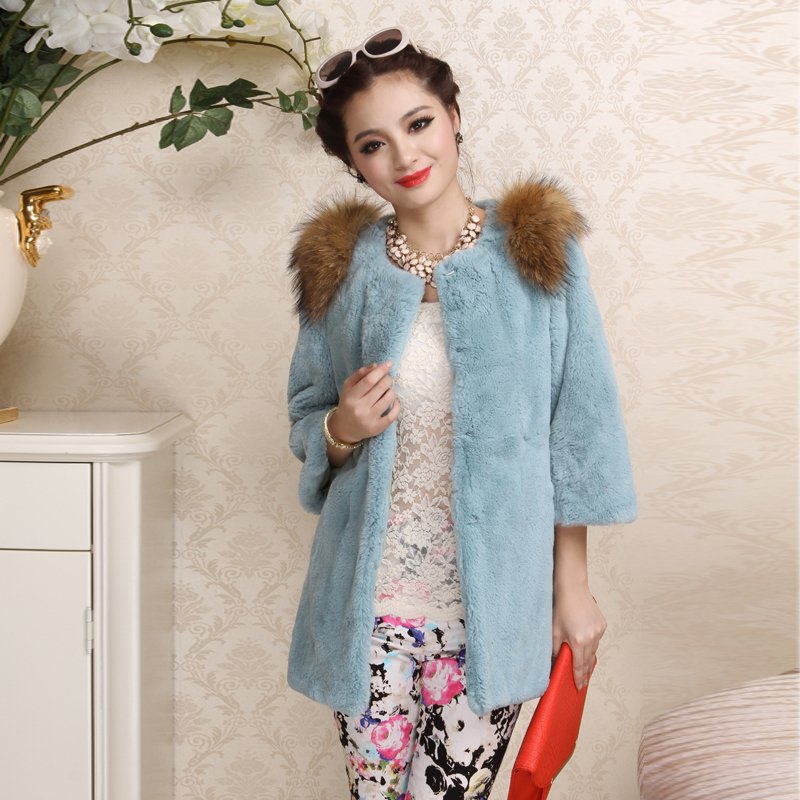 free shipping, Full leather rex rabbit hair 2012 fur coat three quarter sleeve medium-long raccoon fur overcoat