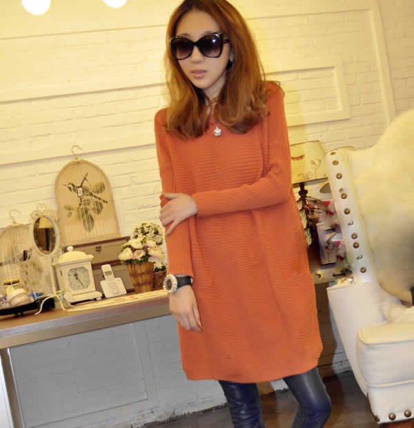 Free shipping full sleeve solid loosing   knitwear casual women knitted sweater coat dress pullovers new fashion 2013