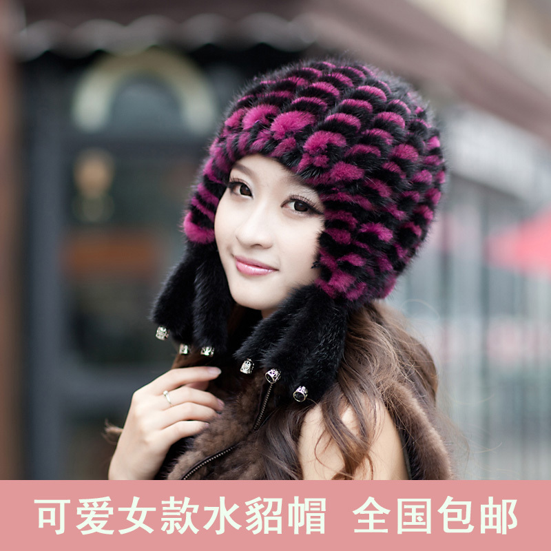 Free shipping   Fur hat women's mink hat Women marten hat winter ear thermal
