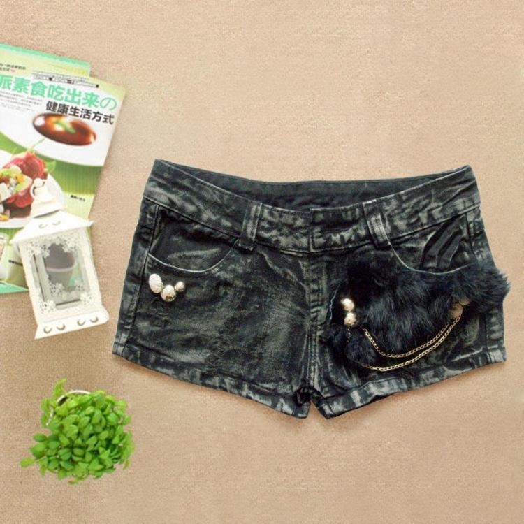 Free Shipping Fur&Rivet Ornament Winter Shorts Black Denim Short Jeans For Women ABC Clothing