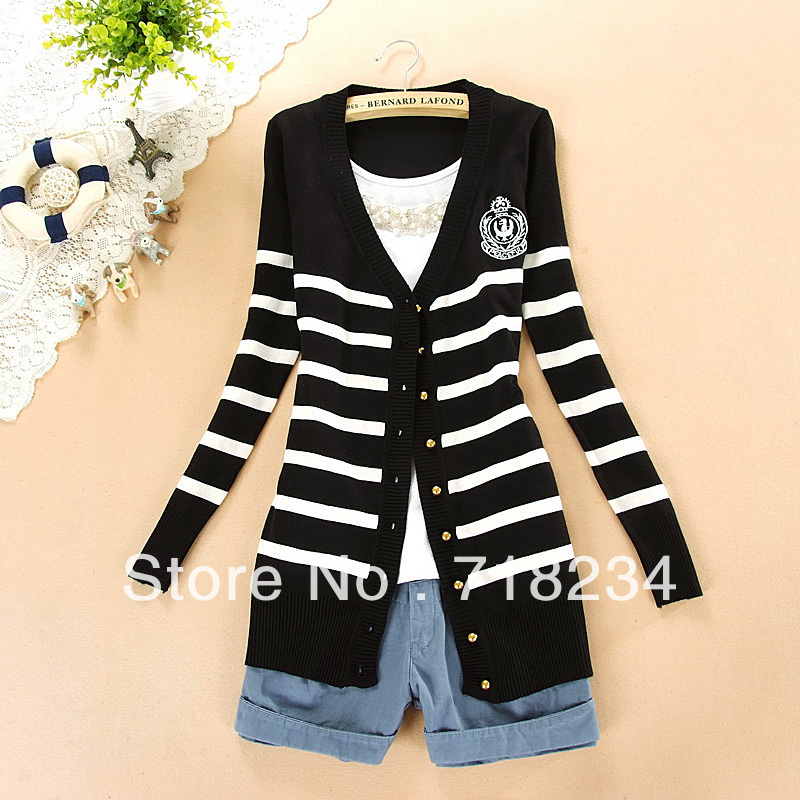Free shipping Gentle women  fashion preppy style stripe navy style shirt cardigan sweater outerwear