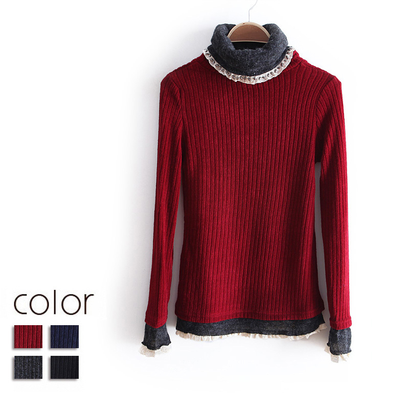 free shipping Gentlewomen lace beading pullover turtleneck sweater basic wx1222 slim