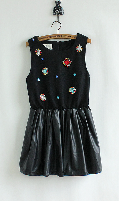 Free shipping - Gentlewomen multicolour gem diamond woolen leather skirt patchwork vest slim one-piece dress