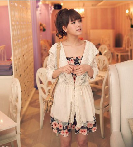 Free shipping, Gentlewomen with a hood lace chiffon lacing cardigan short jacket 6336