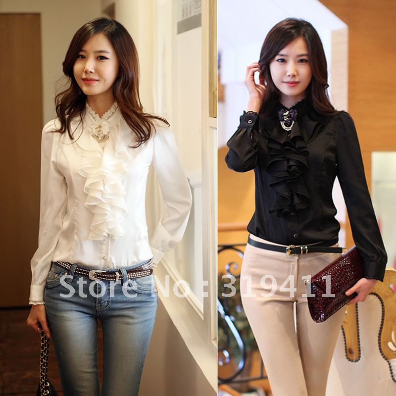 Free shipping gentlewomen work wear stand collar lace ruffle laciness long-sleeve shirt women's shirt