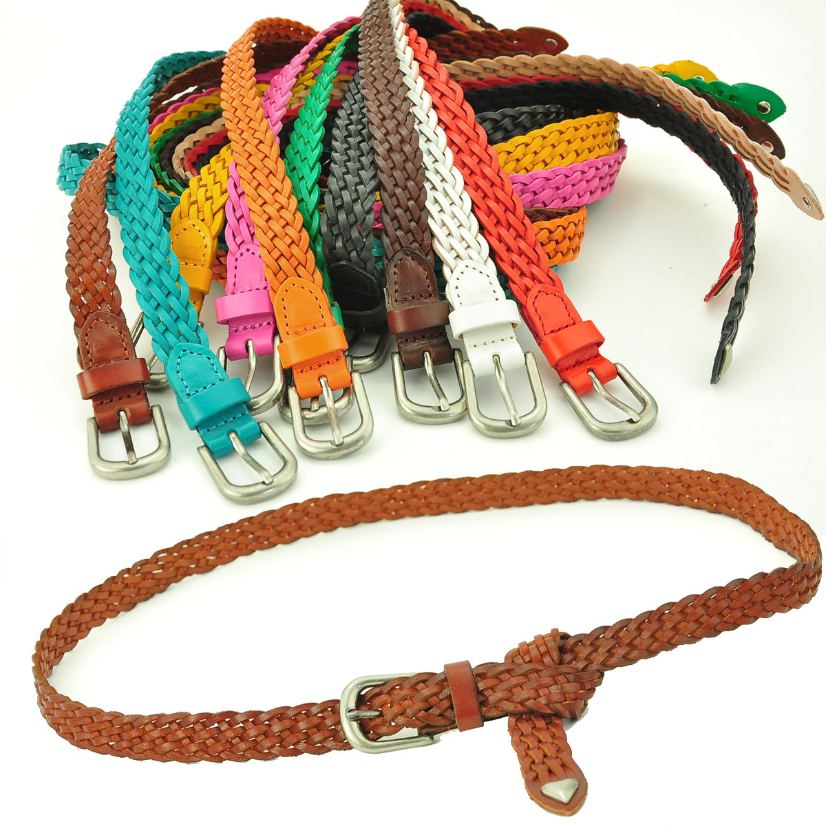 Free Shipping Genuine leather candy color all-match knitted thin belt female fashion women's strap tieclasps
