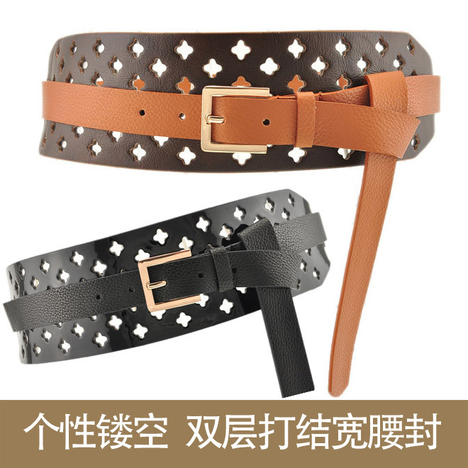 free shipping Genuine leather color block personalized cutout cummerbund fashion knot ring women's wide belt black coffee