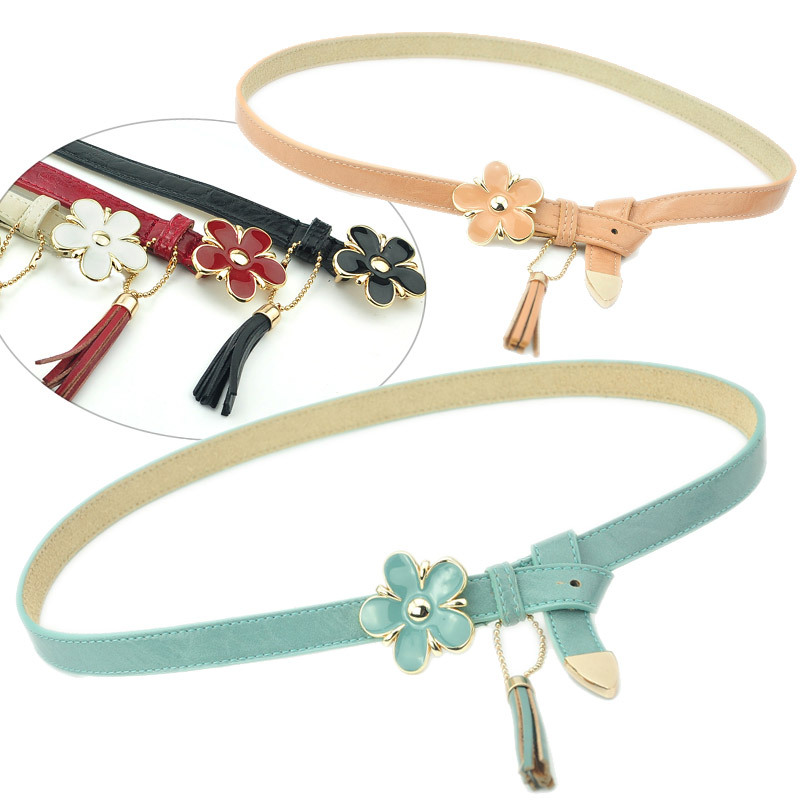 free shipping Genuine leather exquisite oil flower elegant all-match strap women's pendant tassel tieclasps thin belt