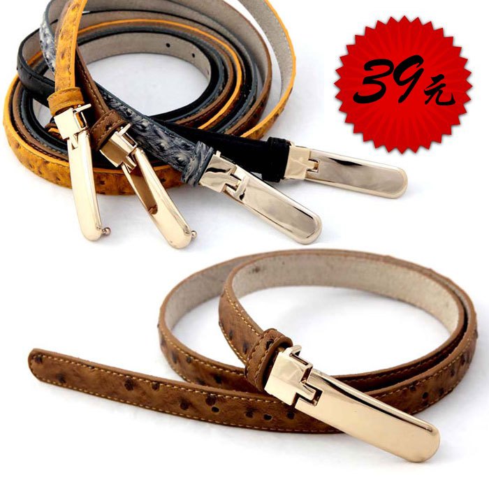 Free Shipping Genuine leather quality ostrich grain delicate rose gold buckle thin belt women's strap