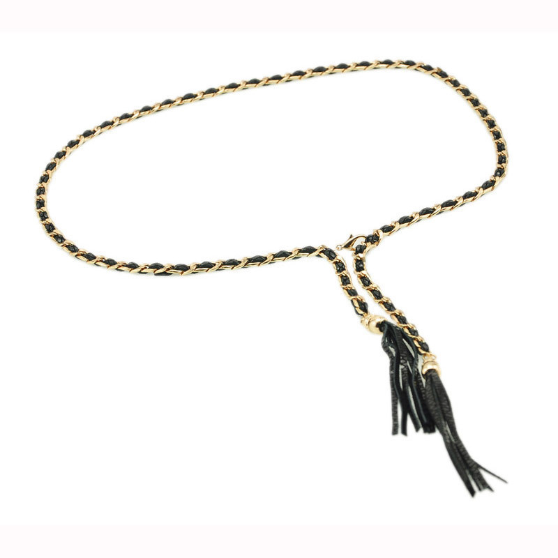 Free Shipping Genuine leather serpentine pattern metal belly chain fashion tassel women's belly chain black red beige