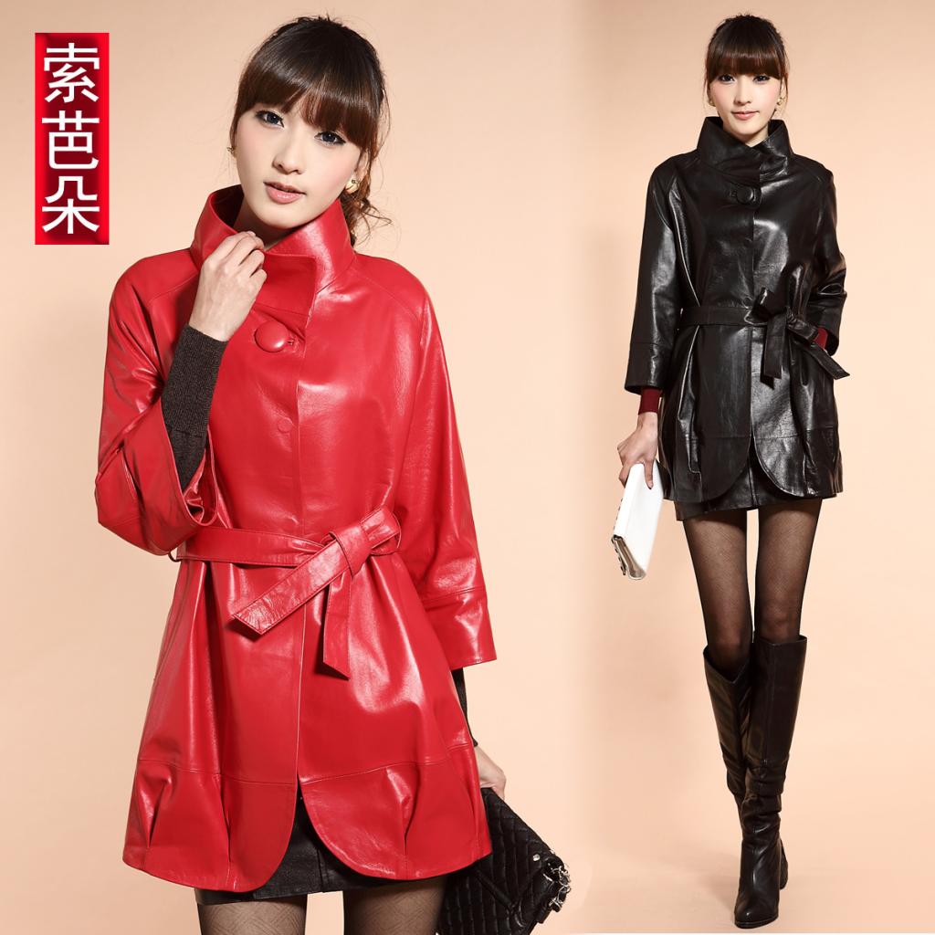 free shipping, Genuine leather women 2012 autumn medium-long leather clothing sheepskin leather trench p112