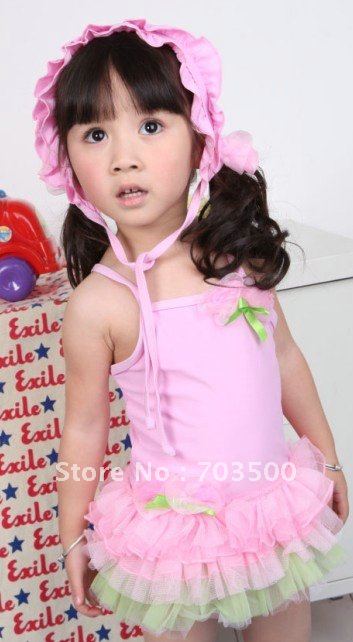 Free shipping ,girl ballet swimwear with hat , swimsuit, baby beach wear,   four size, 20 pieces/lot