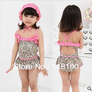Free shipping girl bikini leopard zebra print girls summer swimsuit with hat swim pool bathing suit baby swimwear 5pcs/lot KY085