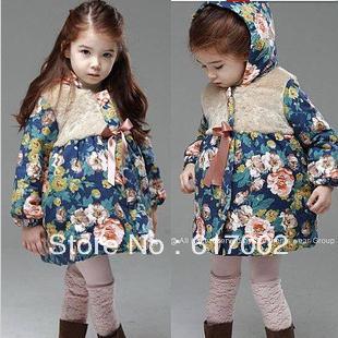 Free Shipping girl Children's winter clothing noble princess cotton-padded jacket parkas with flower