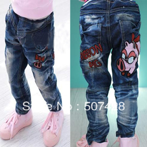 Free shipping,girl fashion jeans with lovely pig image,kid jeans,5pcs/lot