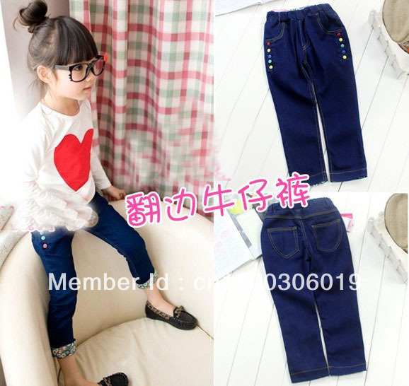 Free shipping Girl Jeans pants with Buttons Denim Trousers girl pants kids wear