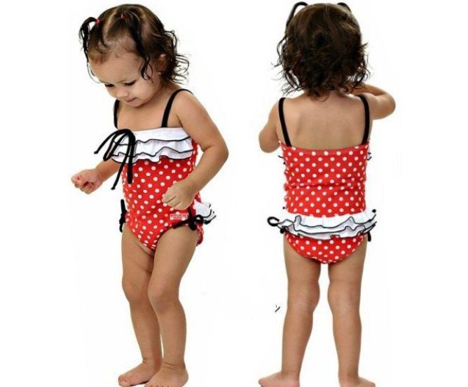 Free Shipping girl kids red dot print one piece layers ruffled Ruffles kid swimsuit beachwear swimwear swimming suit