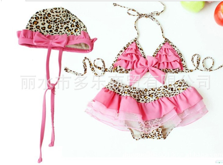 Free Shipping girl's leopard printed Baby swimwear 5set/lot  wholesale girls bikini, kids beach wear 3pcs/sets