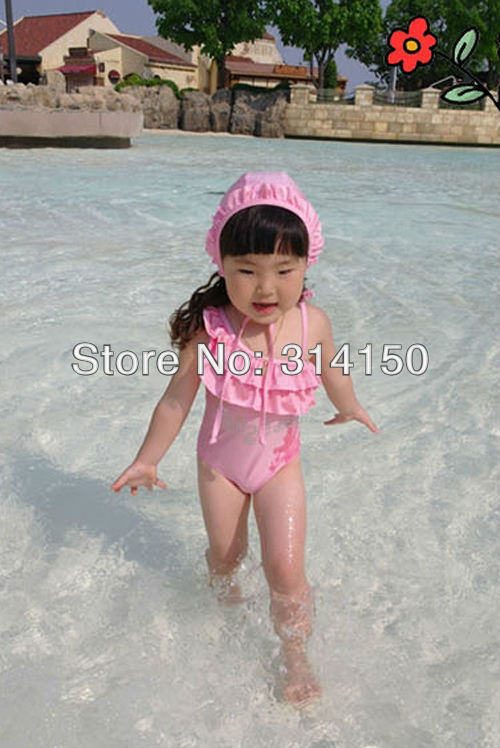 FREE SHIPPING----girl's pink one pieces swimsuits children bathing suits one-shoulder falbala swimwear swimming cap 1pcs s1104