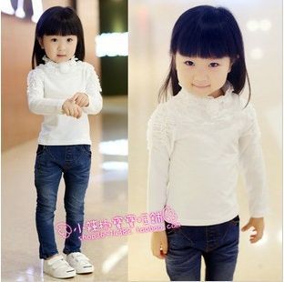 Free shipping Girl's Shirt size 90-130 autumn solid color chiffon patchwork stand collar basic shirt