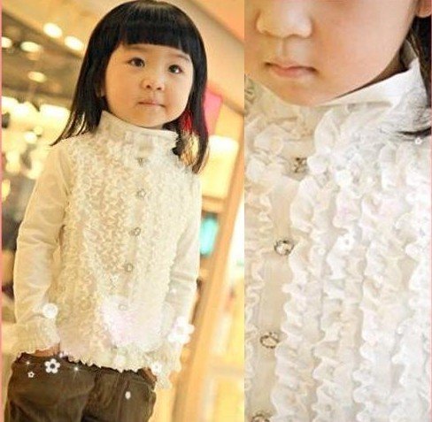 Free shipping Girl's Shirt size 90-130 autumn solid color chiffon patchwork stand collar basic shirt d98463