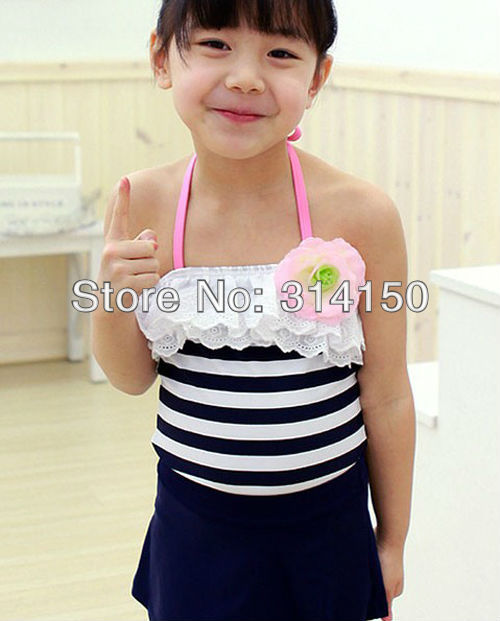 FREE SHIPPING---girl's swimsuit/swimming cap kid's cute striped swimwear swimming trunks with pink flowers ornament 1pcs s1106