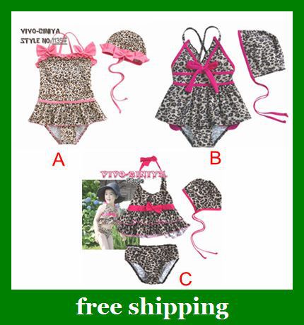 Free Shipping Girl's swimsuits Leopard bathing suit one-piece swimsuit + hat Swimwear children gifts