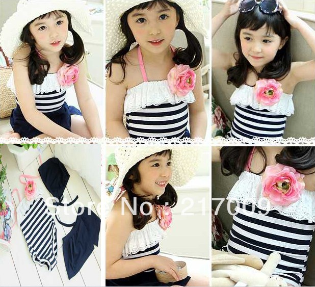 Free shipping Girls Black and white striped flowers, conjoined (swimsuit + cap