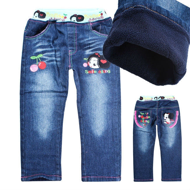 Free shipping girls child winter thickening fleece jean children denim trousers kids baby thermal cotton trousers warm jeans