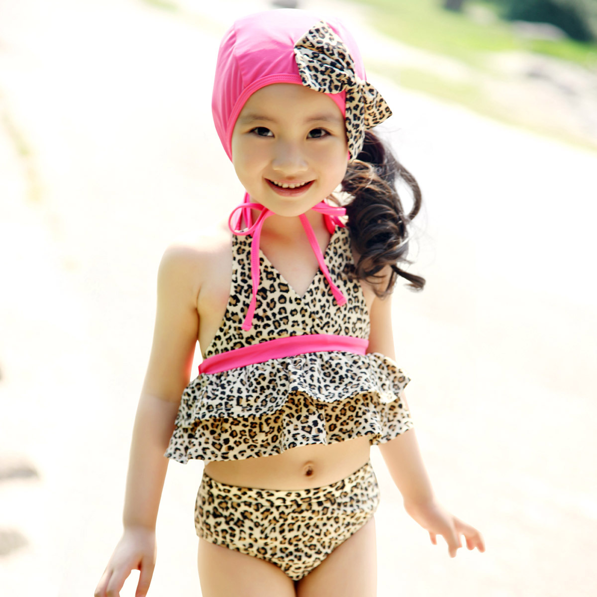 Free Shipping  girls clothing leopard print swimwear piece set