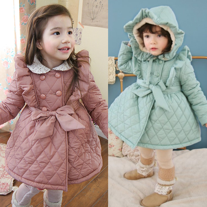 free shipping girls coat Children's clothing child bow double breasted outerwear wadded jacket cotton-padded