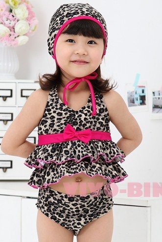 Free shipping!Girls leopard flounces split swimming suit /Children 's swimming suit