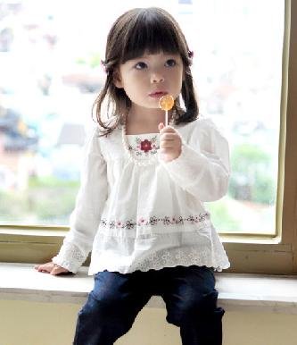 Free Shipping- girls' long sleeve blouse / shirt with embroidered flowers and full cotton lining spring clothes,baby's wear