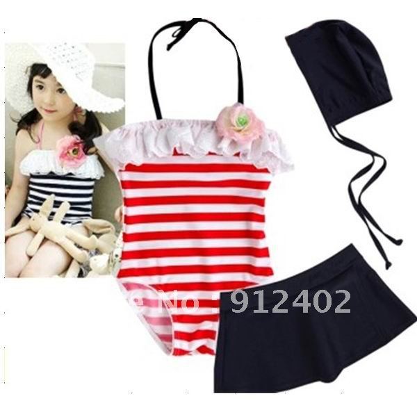 FREE SHIPPING__Girls lovely flower adornment swimming girls striped three-piece swimsuit fashion style 10pcs/lot