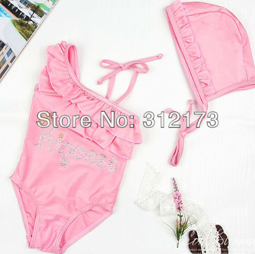 FREE SHIPPING----girls pink lace swimsuits children one-piece swimwear pretty One-shoulder falbala bathing suits 1pcs/lot s1454