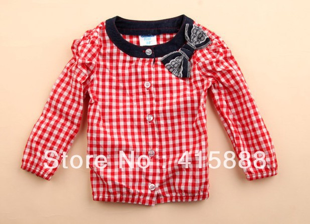 Free shipping girls red Bow Plaid Shirt(5pcs/lot)kids Lattice cardigan,LL1360