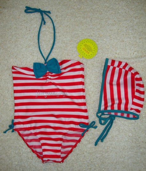 free shipping girls swimming costume with swim cap swimmers bathers mix 2 colors striped