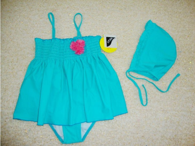 free shipping girls swimwear swimming costume swim dresses with cap
