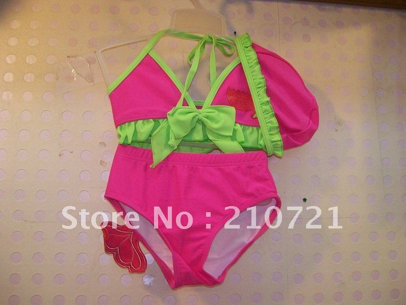 Free Shipping Girls two-pieces Hot Pink Swimsuit with fish logo, Little girl Bikini swim suits swimwear wet suits. 5Pcs/Lot