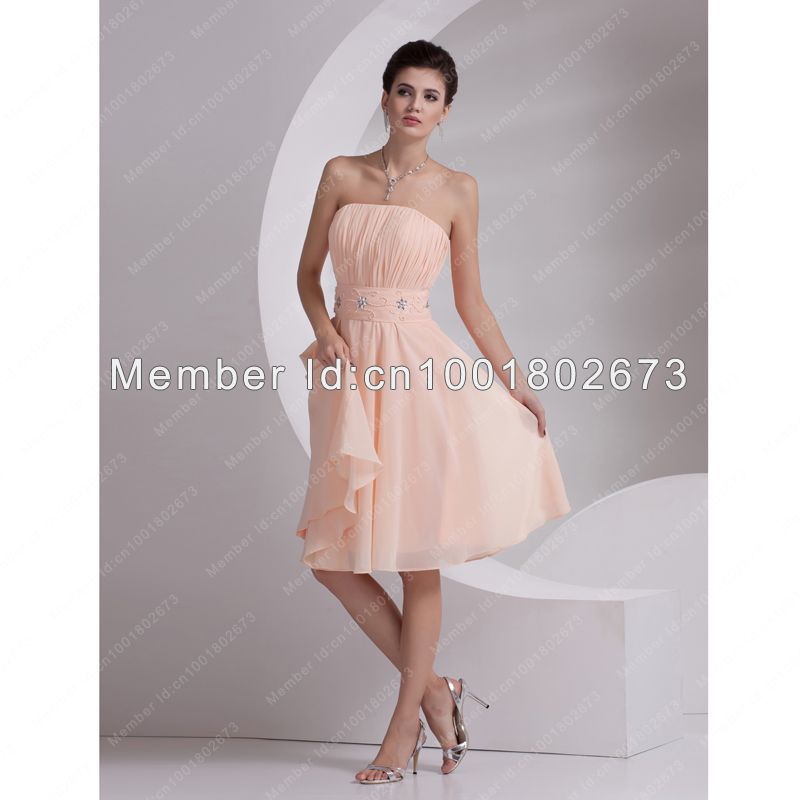 Free Shipping Glamorous A-Line Strapless Beading Pleats Knee-Length Graduation Dresses Prom Dress
