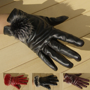 Free shipping gloves leather N14 autumn and winter rabbit fur wool Women ride thermal plus velvet women's cotton PU armfuls set