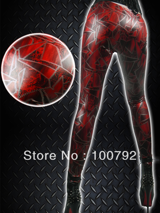 Free shipping go go fashion  punk rock gothic red wet look leather patch print leggings gothic tight pants