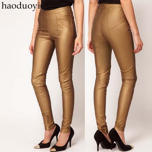 Free Shipping Gold PU cutting tight-fitting high-elastic patchwork leather pants trousers zipper waist zipper