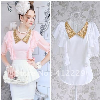 Free shipping golden collar ruffles solid sleeveless ladies casual slim chiffon blouses shirts 2012 design hot selling