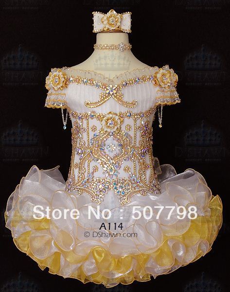 Free Shipping Golden off the shoulder crystals appliques lace mini flower girl dresses