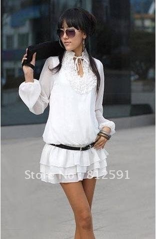 Free Shipping Good Quality Gathered Design Neckline Chiffon Lace Decoration Layered Dress Lady Dress