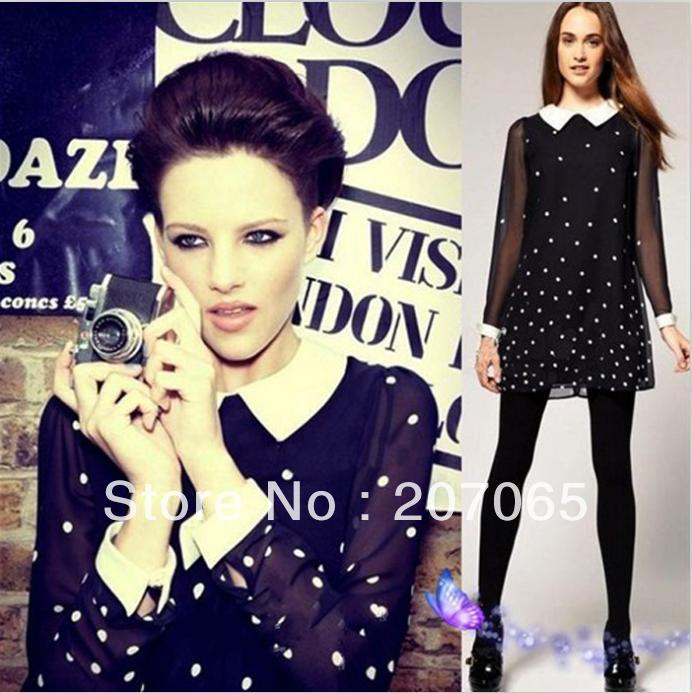 Free shipping good quality Retro British style stitching design point chiffon women dress,chiffon dress